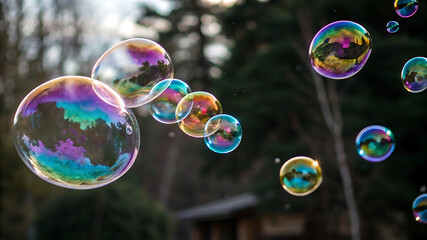 Floating Soap Bubbles with Rainbow Colors