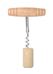 Corkscrew with wooden handle and cork on white background