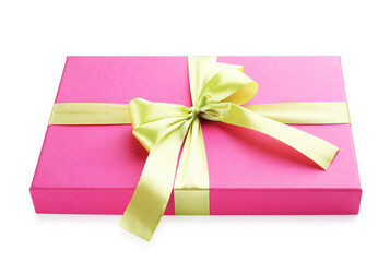 Beautiful pink gift box with bow isolated on white