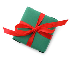 Beautiful gift box with red bow isolated on white, top view
