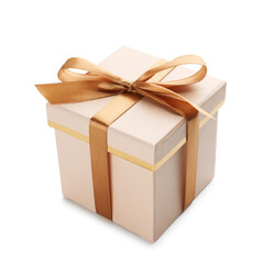 Gift box with golden bow isolated on white
