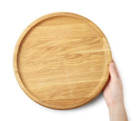 Woman holding wooden plate on white background, top view