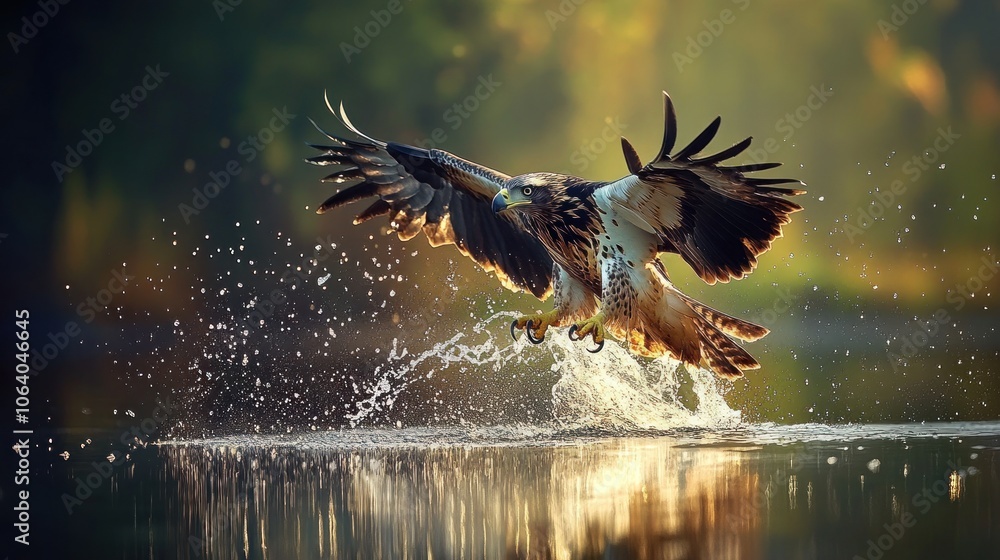 Poster a white-tailed eagle taking off from a lake with water splashing around it. the eagle is in focus, w
