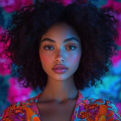 Vibrant portrait of a woman with curly hair in colorful bohemian fashion against floral background