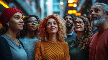 Diverse group of friends exploring urban cityscape at night with vibrant neon lights and modern architecture in the background