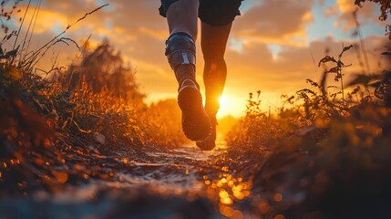Runner with prosthetic leg on a sunset trail inspiring scene of determination and nature's beauty with golden sunlight and engaging outdoor fitness journey