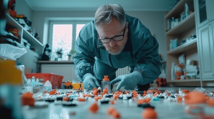 Meticulous scientist examining small objects in a home laboratory setting with concentrated focus on details and experimental setup