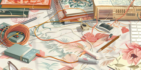 A cluttered desk with a tangled web of cords, scattered papers, and various electronics.