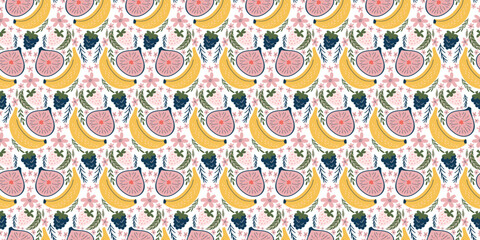 Lively seamless pattern adorned with bananas, figs, blackberries, white strawberries, pink flowers, and green leaves. Crafted in a contemporary, organic vector style with flat colors, exuding a