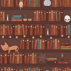 Cute hand drawn seamless vector pattern background illustration with vintage cartoon cosy bookshelves with books, cat, candles, skull, potion, crystal ball and mandrake plant