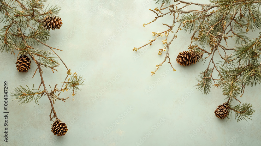 Poster pine cones on fir branches in the corners of the image