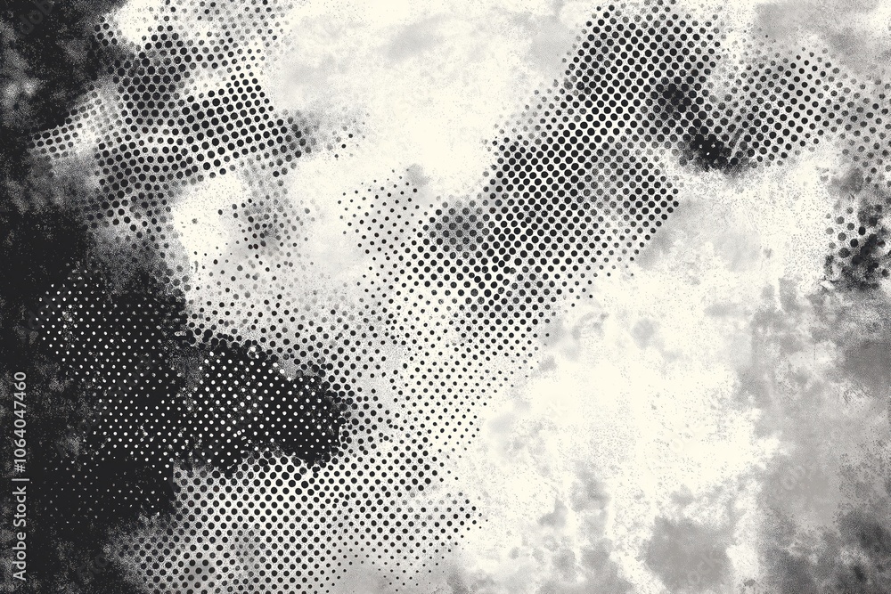 Poster black, white pattern with dots, lines, contrasting with solid gray background, creating three-dimens