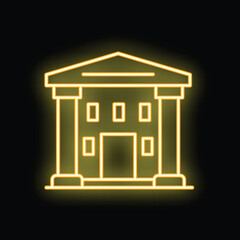 Yellow neon sign glowing with a building with pillars icon on a black background, a simple architectural illustration