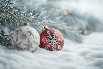 Christmas decorations on snowy background