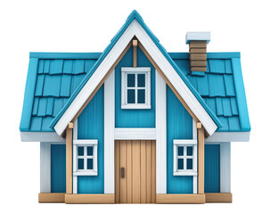 Cute blue wooden house with chimney and transparent background. 3d rendering of a charming blue wooden house, perfect for architectural visualization or any project needing a touch of homeliness