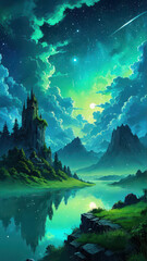 Dreamy Night Sky with Aurora and Clouds over Mountain Lake, fantasy phone wallpaper