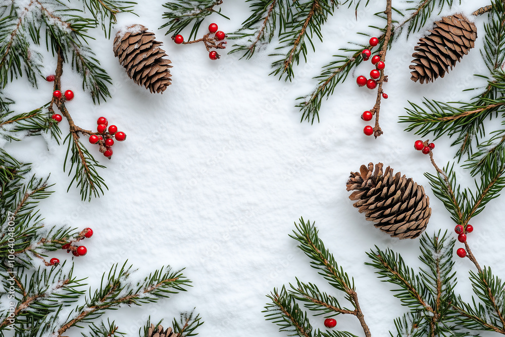 Poster frame of spruce branches with red berries and cones, on a background of white snow, creating a winte