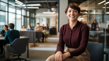Young businesswoman with short hair, smiling in modern office setting with colleagues in background. 