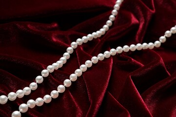 Beautiful pearl necklace on red cloth, above view