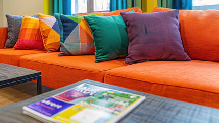 A stylish couch adorned with brightly colored cushions, creating a lively and comfortable seating area in a vibrant room.