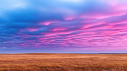 Vibrant sunset sky over a vast, golden prairie landscape, AI