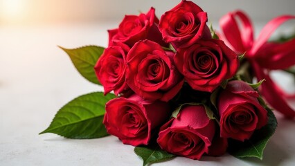 Obraz premium A timeless ramo de rosas with fresh red roses, lush leaves, and a satin ribbon for elegance