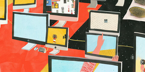 A collage of different sized computer monitors showcases various forms of media in a colorful array.