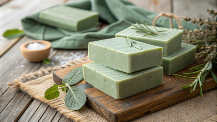 Homemade Herbal Soap Bars with Fresh Rosemary and Sage