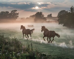 horses in the morning fog