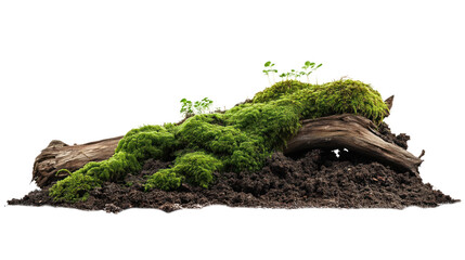 Moss covered tree trunk on dirt, natural rustic appearance. Green moss on wood, earthy tone, brown dirt. Side view, elevated angle, depth perspective. Transparent isolated background alpha mask.