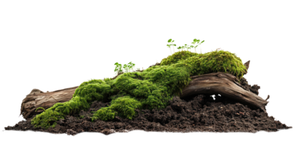 Moss covered tree trunk on dirt, natural rustic appearance. Green moss on wood, earthy tone, brown dirt. Side view, elevated angle, depth perspective. Transparent isolated background alpha mask.
