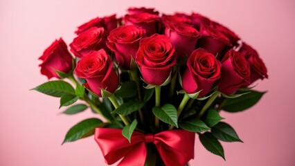 Fototapeta premium Classic ramo de rosas featuring red roses with dewy petals and green leaves, set against a soft background
