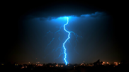 A powerful lightning bolt illuminates the night sky, striking down amidst clouds, showcasing nature's electrifying beauty.