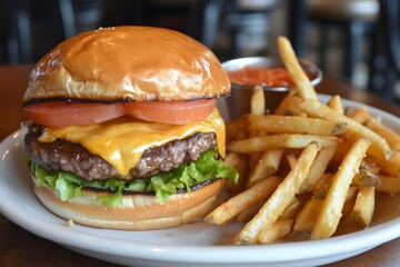 A cheeseburger and french fries served on a white plate