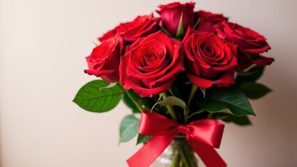 Close-up of a romantic ramo de rosas with fresh red roses, lush leaves, and an elegant satin ribbon