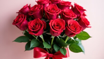 Obraz premium A classic ramo de rosas with bright red roses and green leaves, tied with a satin ribbon for a romantic look