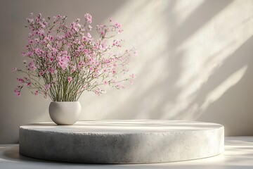 Round stone pedestal with pink flowers in vase