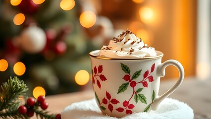 Hot cacao drink against the Christmas festive light bokeh background