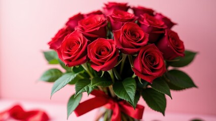 Obraz premium Elegant ramo de rosas featuring lush red roses and green foliage, tied with a satin ribbon for charm