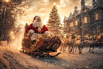 Santa claus riding sleigh pulled by reindeer in snowy landscape at sunset