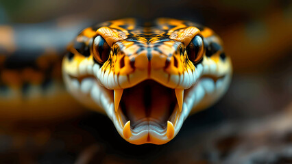 Fototapeta premium Aggressive Snake Displaying Fangs with Intense Expression Against a Blurred Background