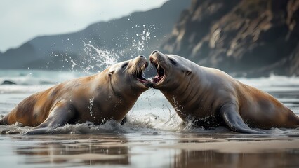 Naklejka premium Two Seals Playfully Fighting in Shallow Water with Splashes Against a Scenic Coastal Background