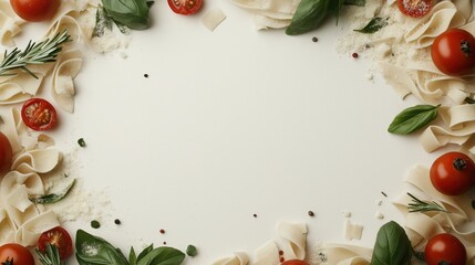 Culinary frame with pasta, basil, rosemary, and cherry tomatoes for food photography