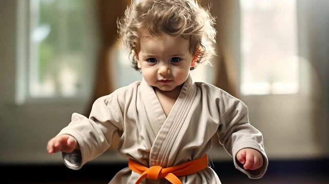 A young child in a karate uniform is standing on a wooden floor. The child is wearing an orange belt and he is practicing karate moves. Concept of playfulness and innocence