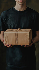 Man Holding a Brown Wrapped Gift Box