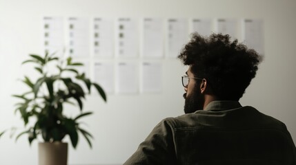 Employee analyzing project timeline with printed documents for business strategy