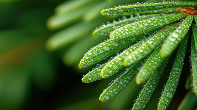 Close-up of dew-covered pine needles in lush green forest, AI