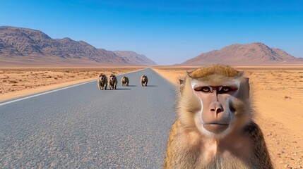 A group of baboons traverses a futuristic South African landscape under the clear sky of a dry and arid environment