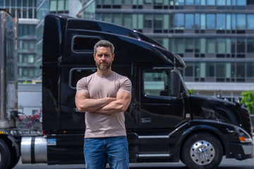 Truck driver. CDL. Men driver near lorry truck. Man owner truck driver. Millennial trucker....