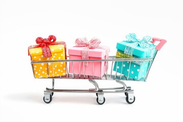 Shopping cart overflowing with colorful gift boxes for holiday shopping spree